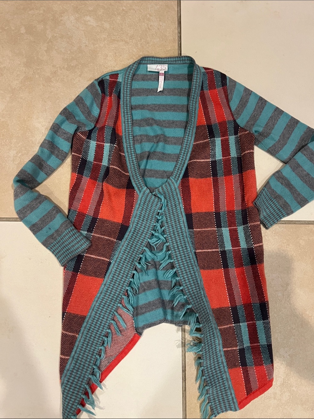 Plaid Fringe Open-Front Girl’s Sweater Cardigan - Teal & Red